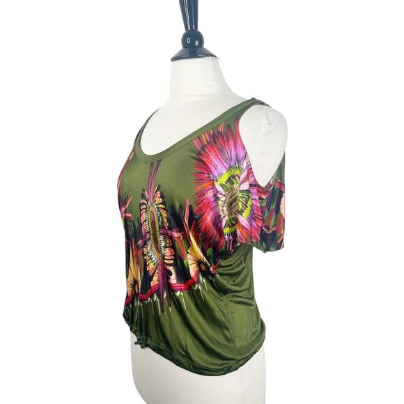 Jean Paul Gaultier Soleil Women’s Small Green Floral Printed Cold Shoulder Top - Picture 2 of 10